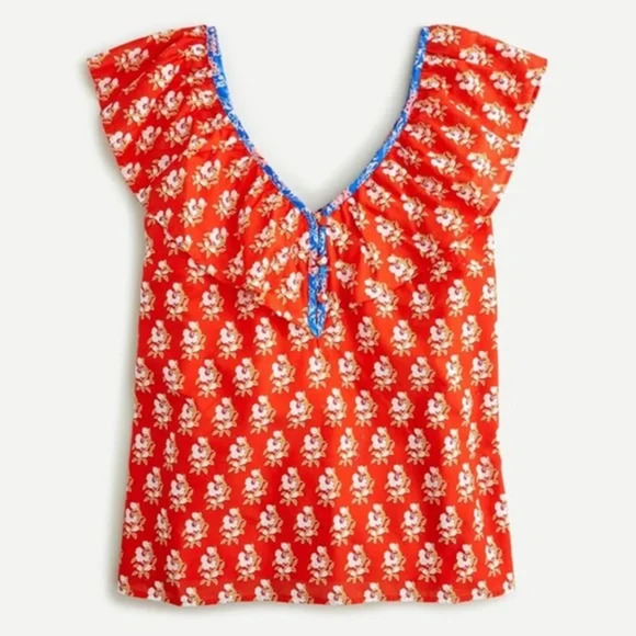 J. Crew Tops - J Crew Size S Ruffle V Neck Top Cotton Classic Block Print Orange